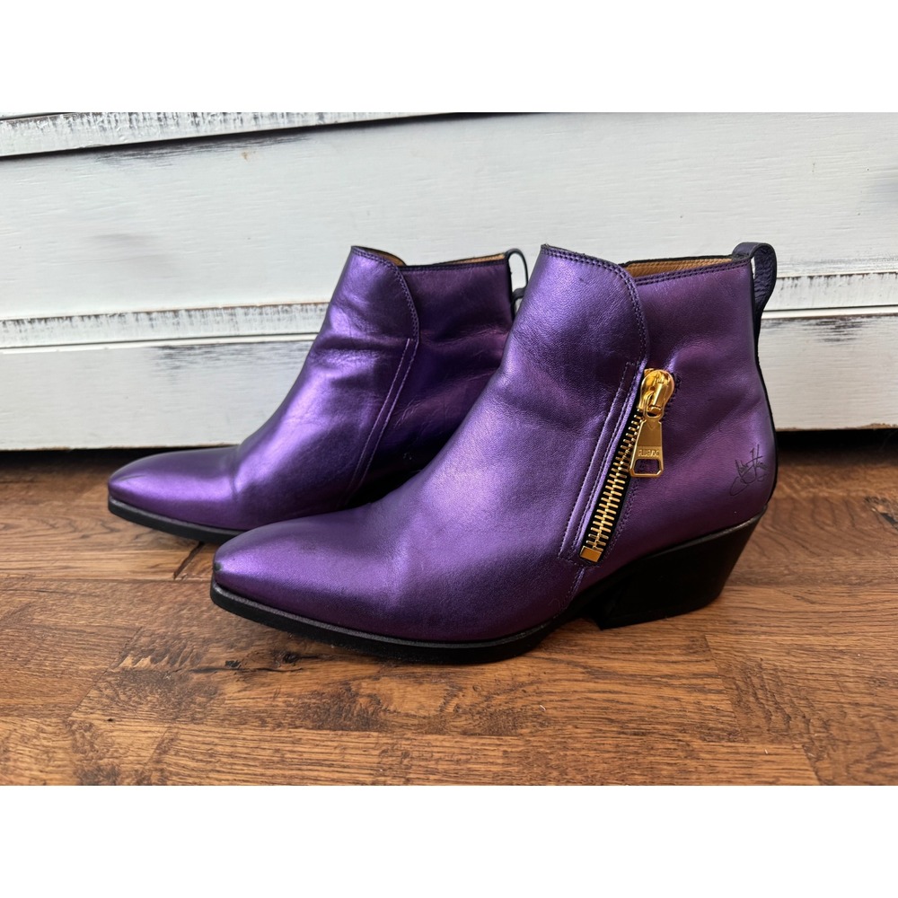 John Fluevog Idol Joplin Metallic Purple Leather Ankle Boots Sz 8
